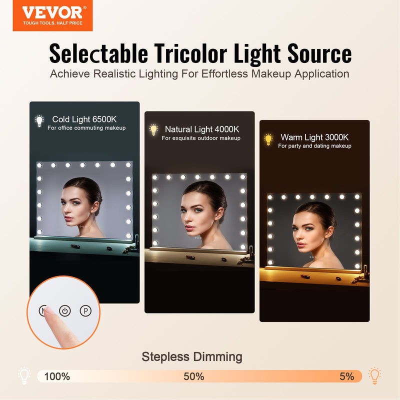 VEVOR Holivudas tualetes spogulis ar gaismām ar C tipa USB galddatora sienas stiprinājumu, 80x60cm