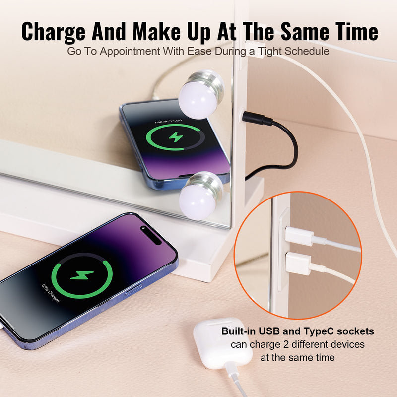 VEVOR Holivudas tualetes spogulis ar gaismām ar C tipa USB galddatora sienas stiprinājumu, 80x60cm