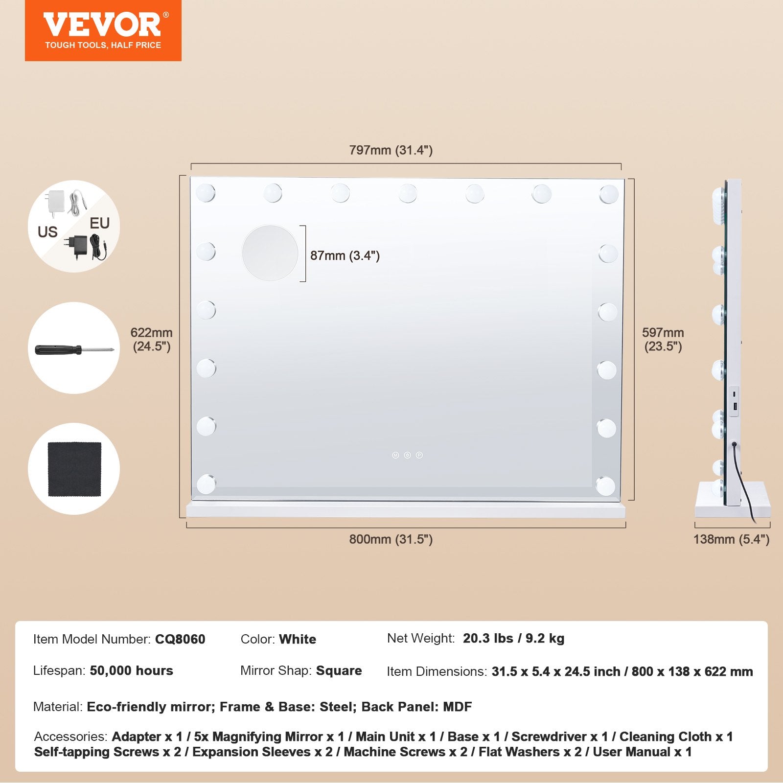 VEVOR Holivudas tualetes spogulis ar gaismām ar C tipa USB galddatora sienas stiprinājumu, 80x60cm