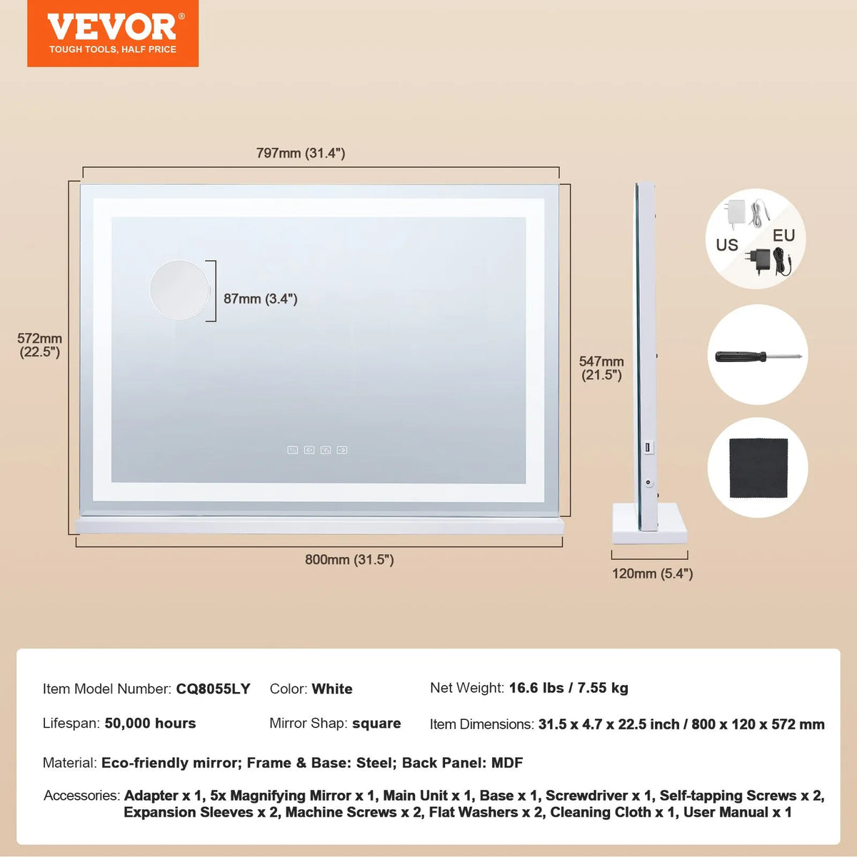 VEVOR grima spogulis ar apgaismojumu, 3 krāsu režīmiem, Bluetooth un USB, galda vai sienas stiprinājums, 55,1 cm