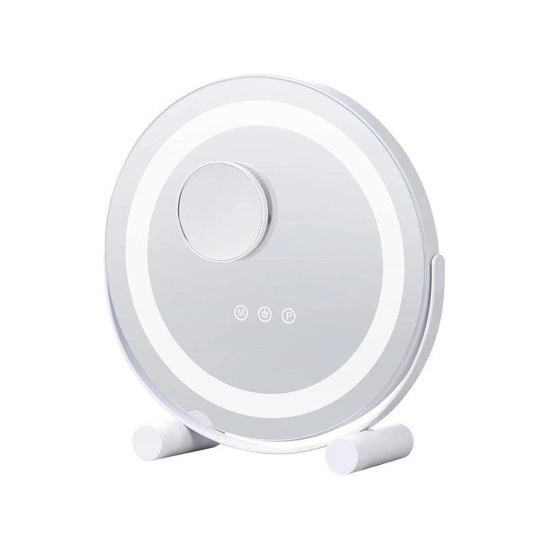 VEVOR apaļš LED grima spogulis ar apgaismojumu, 30 cm spogulis ar 3 gaismas režīmiem, 5× palielinājumu, skārienvadību un 360° rotāciju tualetes galdam (balts)