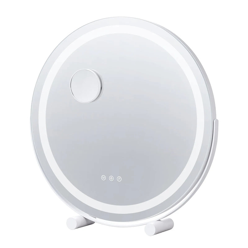 VEVOR apaļš LED grima spogulis ar apgaismojumu, 20 cm spogulis ar 3 krāsu režīmiem, 5× palielinājumu, skārienvadību un 360° rotāciju tualetes galdam, balts