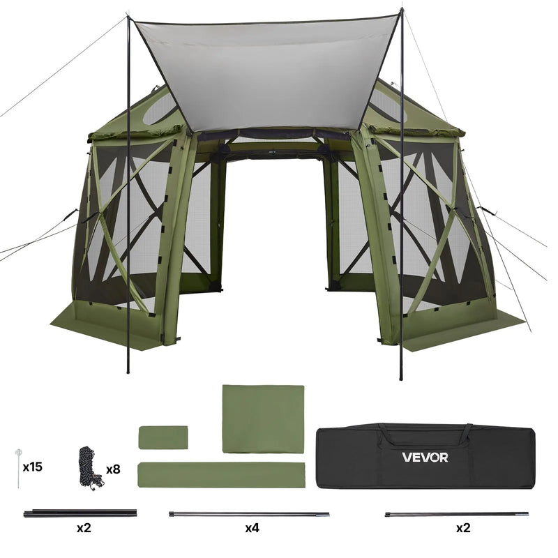 VEVOR uznirstoša sietveida lapene-telts, 3,96 × 3,96 m, 13-sānu sfēriska kempinga nojume ar noņemamu jumtu un pārnēsāšanas somu, ātra uzstādīšana, aizsardzība pret kukaiņiem, saules patversme 10–12 personām, zaļa