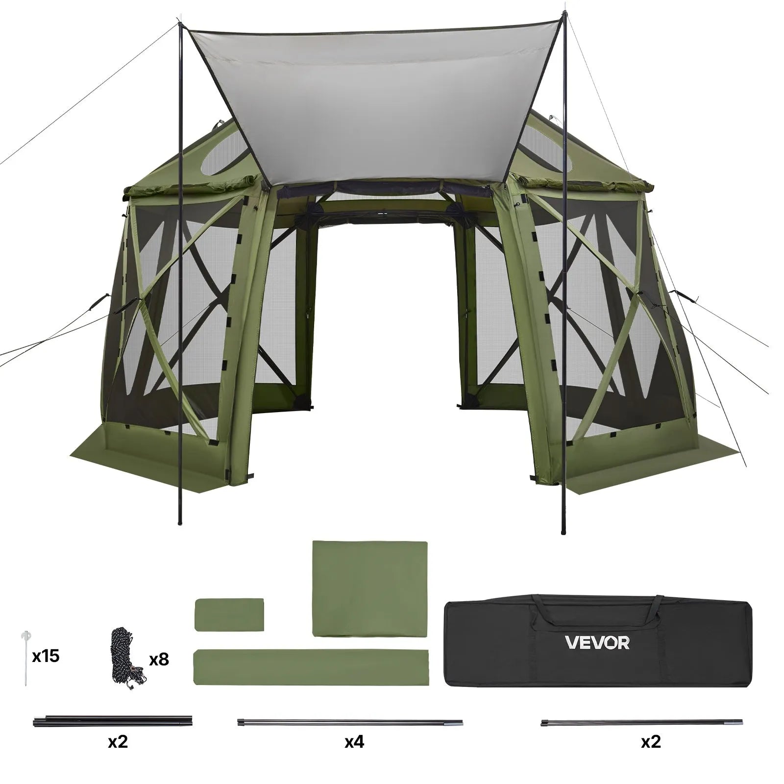 VEVOR uznirstoša sietveida lapene-telts, 3,96 × 3,96 m, 13-sānu sfēriska kempinga nojume ar noņemamu jumtu un pārnēsāšanas somu, ātra uzstādīšana, aizsardzība pret kukaiņiem, saules patversme 10–12 personām, zaļa