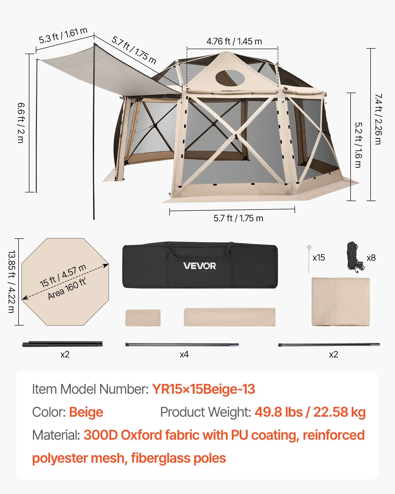 VEVOR uznirstoša sietveida lapene-telts, 4,57 × 4,57 m, 13-sānu sfēriska kempinga nojume ar noņemamu jumtu un pārnēsāšanas somu, ātra uzstādīšana, aizsardzība pret kukaiņiem, saules patversme 12–15 personām, bēša