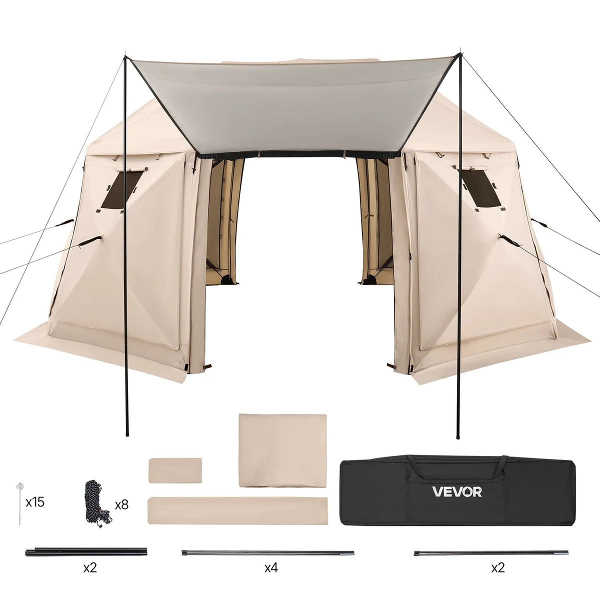 VEVOR uznirstoša sietveida lapene-telts, 4,57 × 4,57 m, 13-sānu sfēriska kempinga nojume ar noņemamu jumtu un pārnēsāšanas somu, ātra uzstādīšana, aizsardzība pret kukaiņiem, saules patversme 12–15 personām, bēša