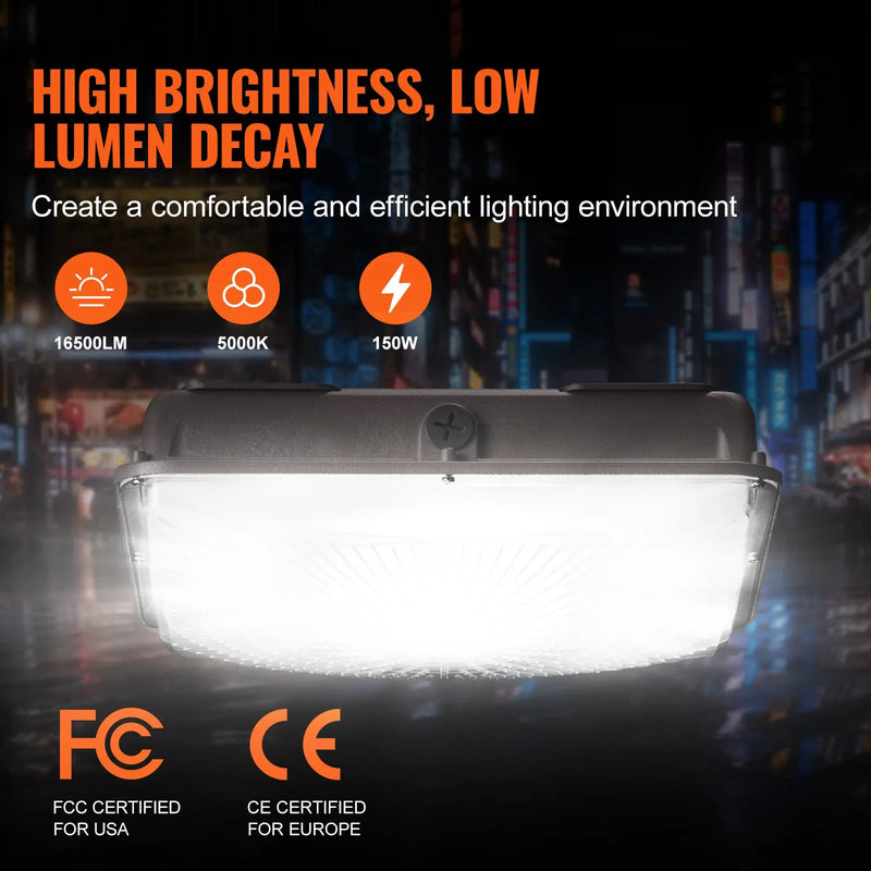 LED griestu gaismeklis, 150 W, 16 500 lm, 5000 K dienasgaisma, komerciālai un industriālai lietošanai, 315 × 315 mm uz virsmas stiprināms griestu apgaismojums degvielas uzpildes stacijām, noliktavām, garāžām, veikaliem un viesnīcām, IP65