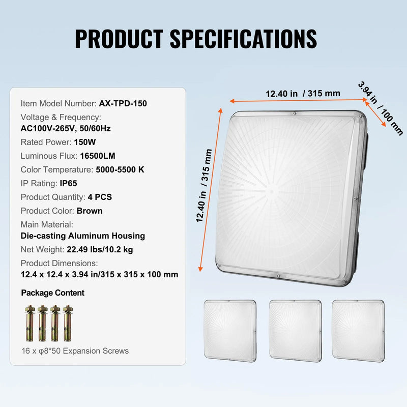 4 gab. LED griestu gaismekļi, 150 W, 16 500 lm, 5000 K dienasgaisma, komerciālai un industriālai lietošanai, 315 × 315 mm uz virsmas stiprināmi griestu gaismekļi degvielas uzpildes stacijām, noliktavām, garāžām, veikaliem un ielām, IP65