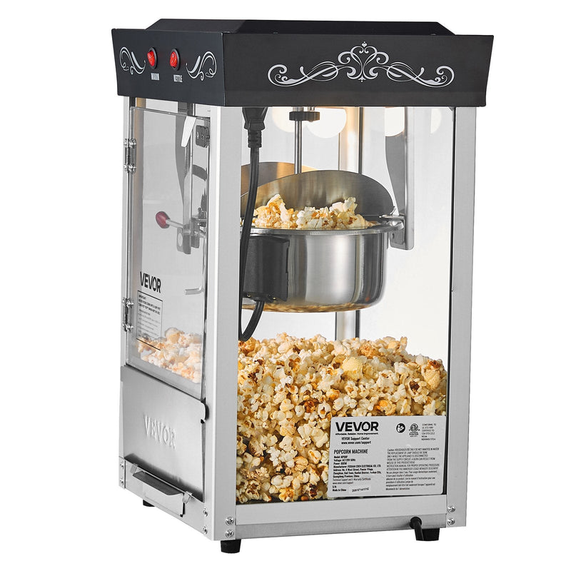 Popkorna mašīna, 0,2 kg nerūsējošā tērauda katls, 800 W, 48 porcijas, stikla sienas, PC durvis, melna