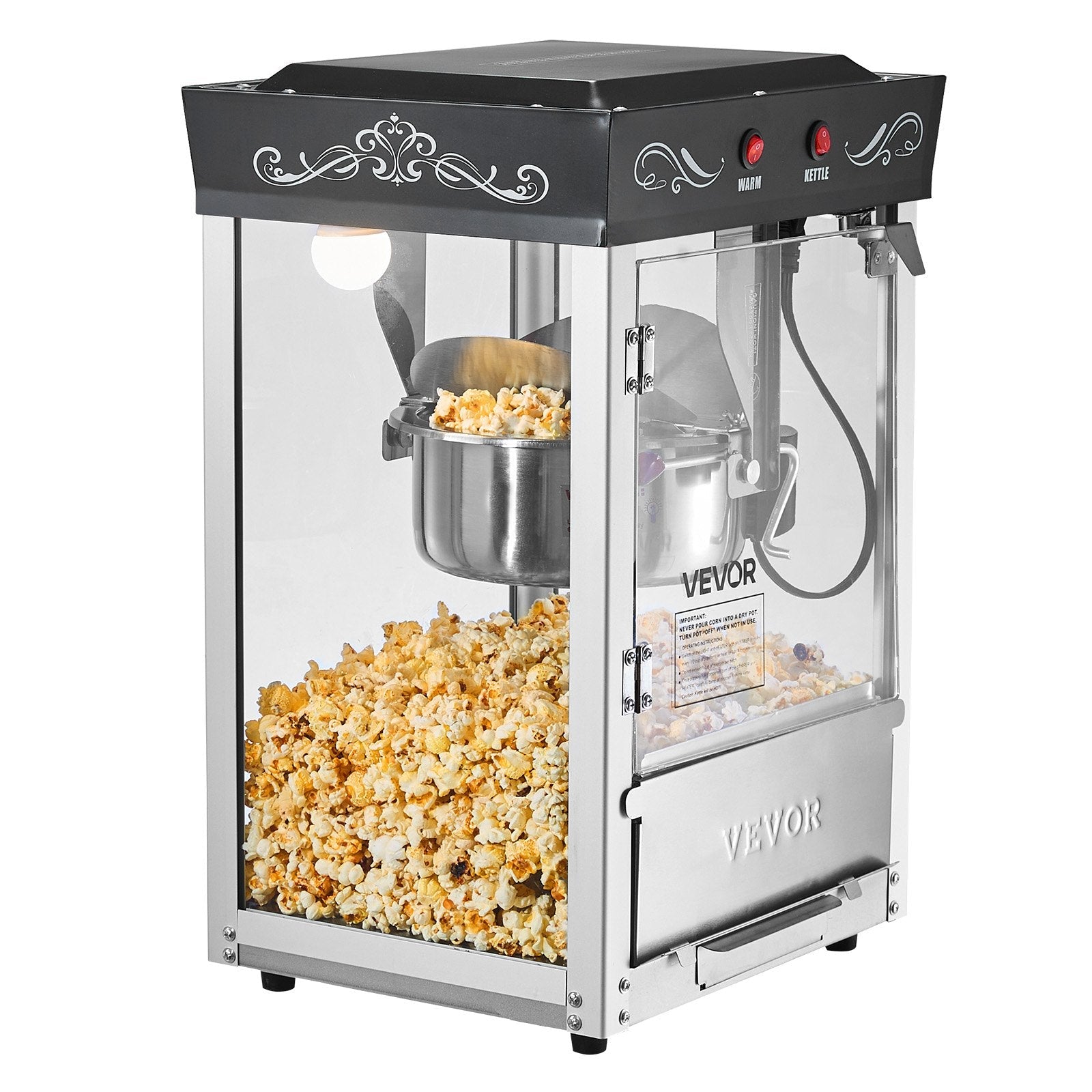 Popkorna mašīna, 0,2 kg nerūsējošā tērauda katls, 800 W, 48 porcijas, stikla sienas, PC durvis, melna