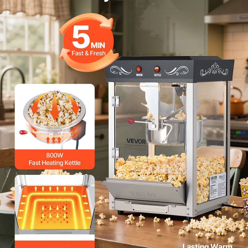Popkorna mašīna, 0,2 kg nerūsējošā tērauda katls, 800 W, 48 porcijas, stikla sienas, PC durvis, melna