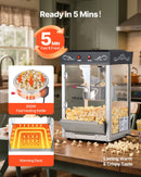 Popkorna mašīna, 0,2 kg nerūsējošā tērauda katls, 800 W, 48 porcijas, stikla sienas, PC durvis, melna