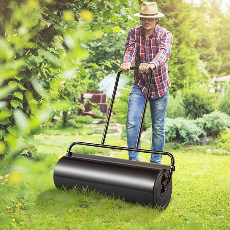 VEVOR zāliena veltnis, 64 l ar smiltīm vai ūdeni pildāms dārza veltnis, tērauda zāliena veltnis ar viegli pagriežamu uzpildes aizbāzni un U veida ergonomisku rokturi ērtai stumšanai un vilkšanai, zālienam, dārzam, saimniecībai un parkam, melns