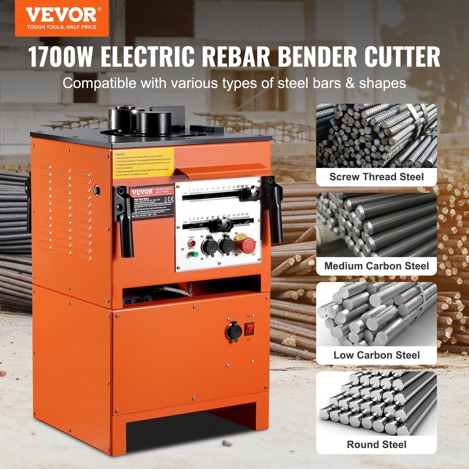 VEVOR 2-in-1 Elektriskais Armatūras Locītājs 1700W – 3 regulējami leņķi līdz 25 mm (#8) armatūrai