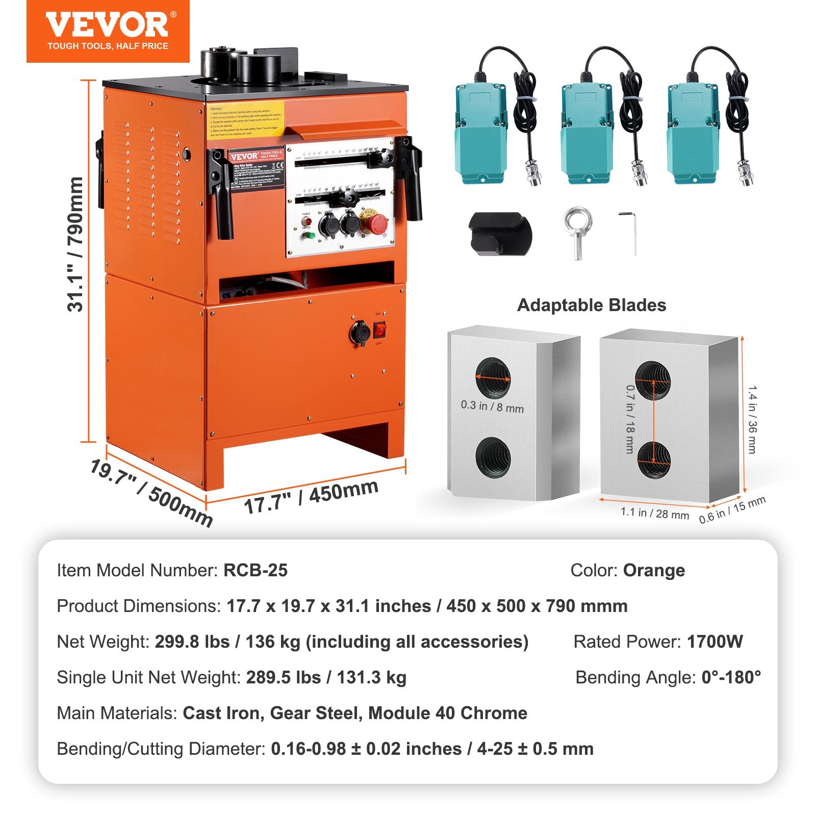 VEVOR 2-in-1 Elektriskais Armatūras Locītājs 1700W – 3 regulējami leņķi līdz 25 mm (#8) armatūrai