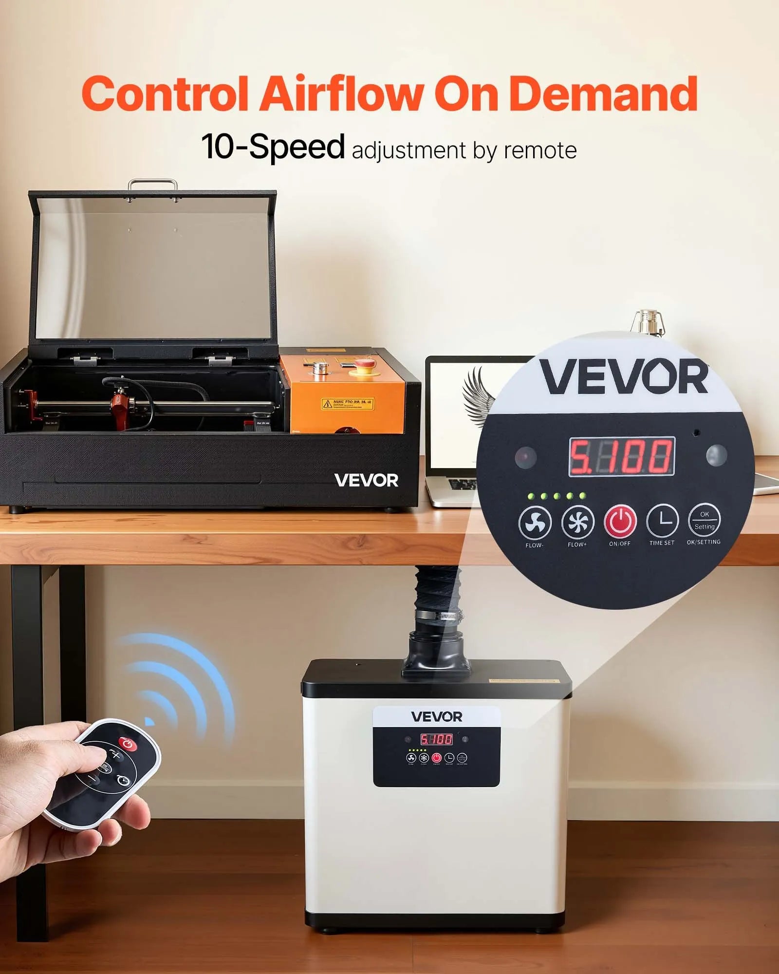 VEVOR lodēšanas dūmu nosūcējs, uzlabota 4 pakāpju filtrācija, lodēšanas dūmu savācējs ar jaudīgu 510 m³/h nosūkšanu, 10 ātrumu regulēšana un tālvadība, bezsuku dūmu ekstraktors lāzergravēšanai un 3D drukai