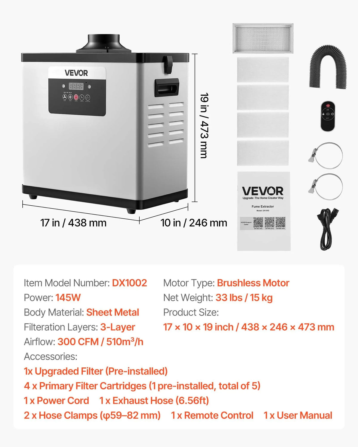 VEVOR lodēšanas dūmu nosūcējs, uzlabota 4 pakāpju filtrācija, lodēšanas dūmu savācējs ar jaudīgu 510 m³/h nosūkšanu, 10 ātrumu regulēšana un tālvadība, bezsuku dūmu ekstraktors lāzergravēšanai un 3D drukai