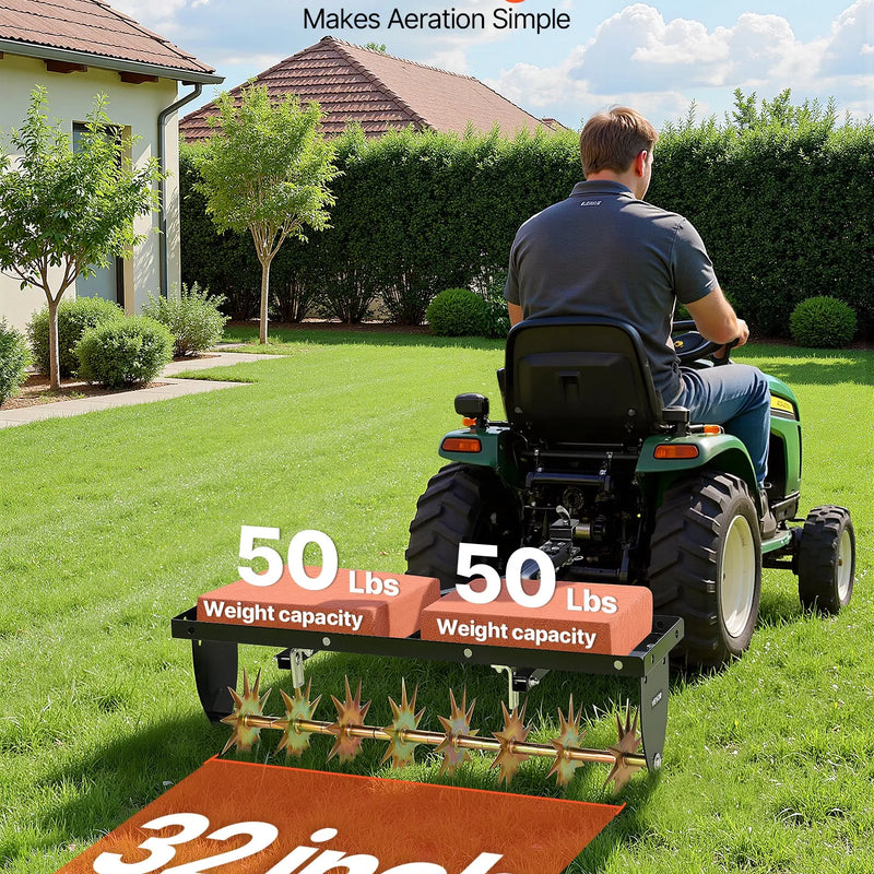 VEVOR velkams zāliena aerators 81 cm ar universālu sakabi, izturīgs un pret rūsu noturīgs augsnes aerācijas instruments ar svara platformu, paredzēts traktoriem un dārza tehnikai