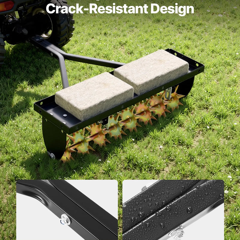 VEVOR velkams zāliena aerators 81 cm ar universālu sakabi, izturīgs un pret rūsu noturīgs augsnes aerācijas instruments ar svara platformu, paredzēts traktoriem un dārza tehnikai