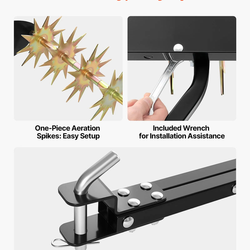 VEVOR velkams zāliena aerators 81 cm ar universālu sakabi, izturīgs un pret rūsu noturīgs augsnes aerācijas instruments ar svara platformu, paredzēts traktoriem un dārza tehnikai