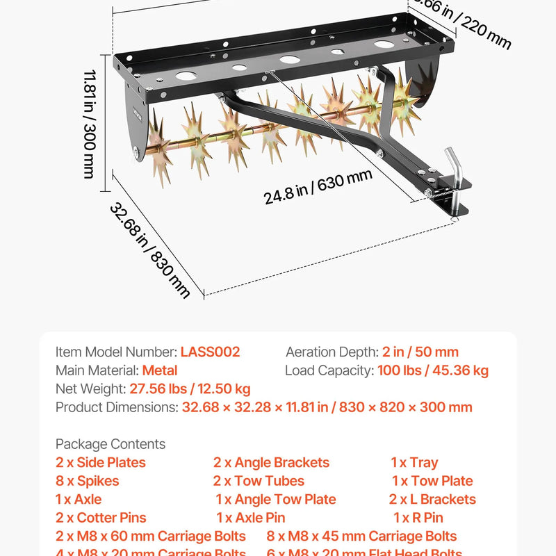 VEVOR velkams zāliena aerators 81 cm ar universālu sakabi, izturīgs un pret rūsu noturīgs augsnes aerācijas instruments ar svara platformu, paredzēts traktoriem un dārza tehnikai