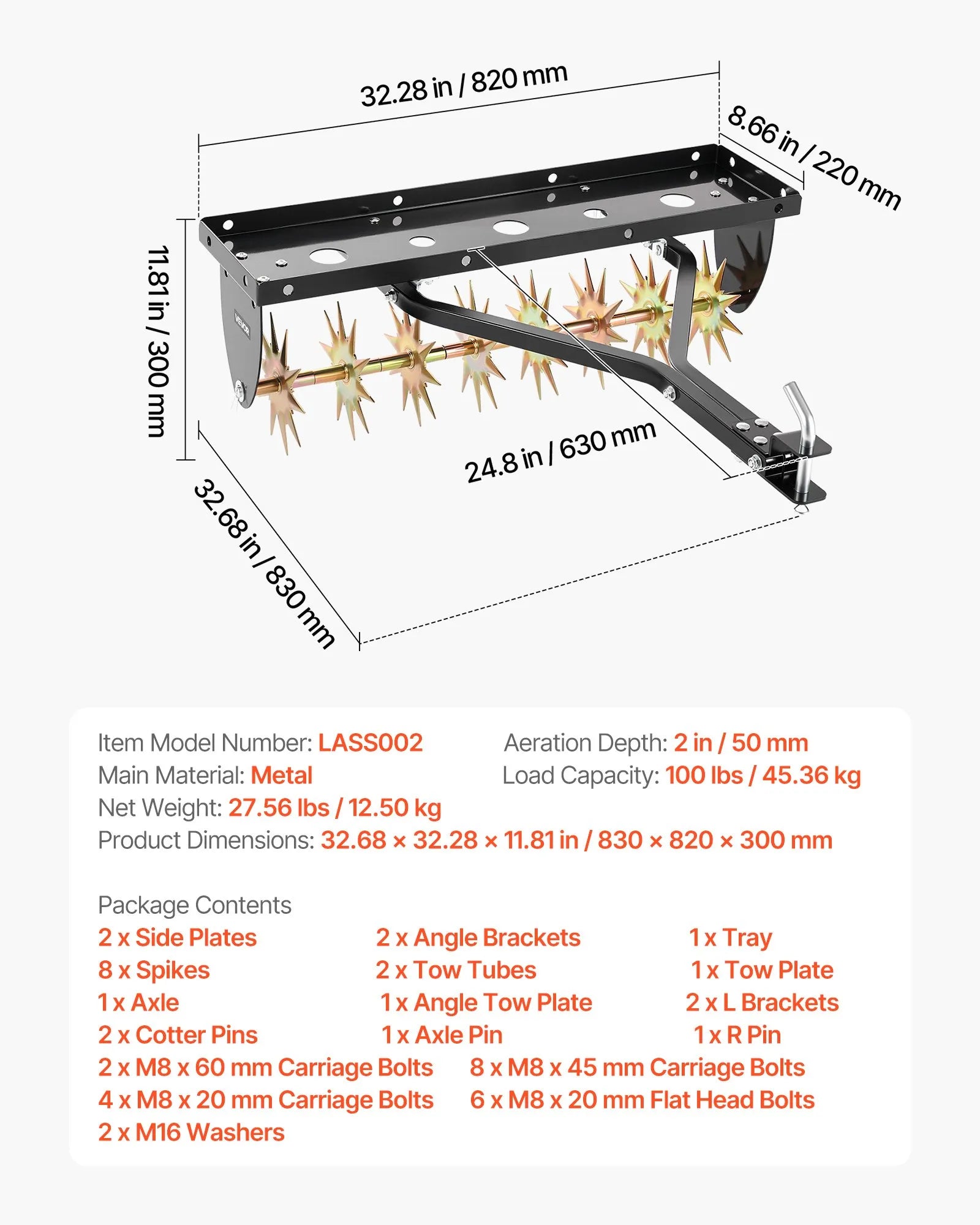 VEVOR velkams zāliena aerators 81 cm ar universālu sakabi, izturīgs un pret rūsu noturīgs augsnes aerācijas instruments ar svara platformu, paredzēts traktoriem un dārza tehnikai