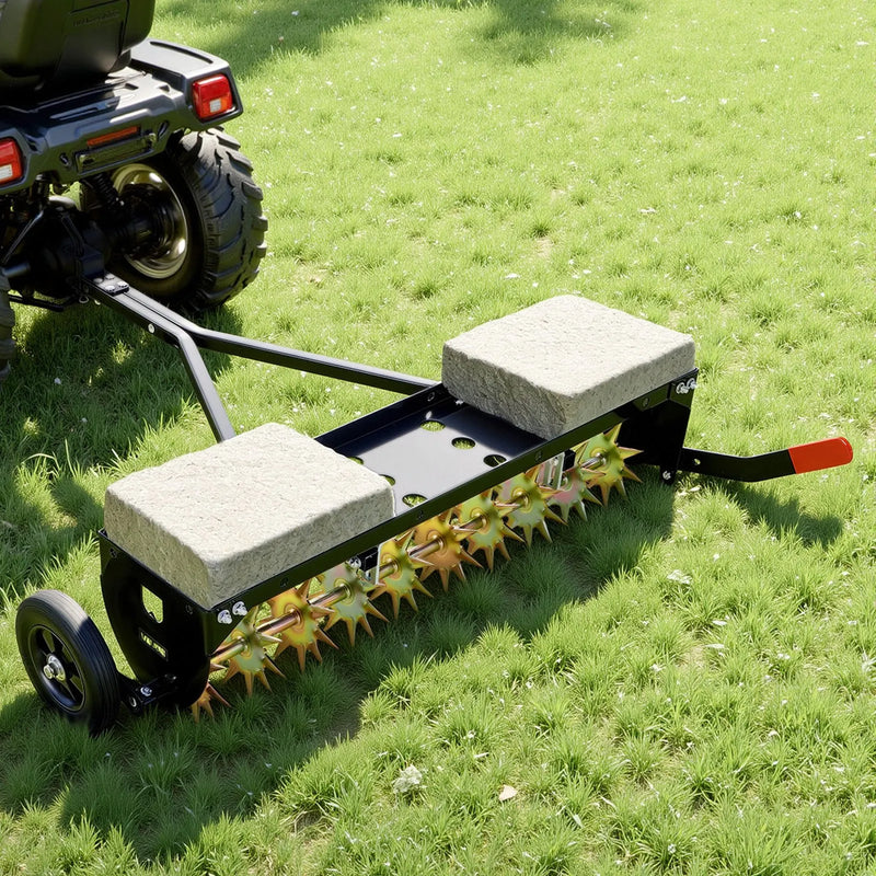 VEVOR velkamais zāliena aerators ar universālu sakabi, 102 cm darba platums, 68 kg slodzes ietilpība, izturīga un rūsas noturīga konstrukcija, aerācijas instruments ar paplāti traktoriem un zāliena tehnikai