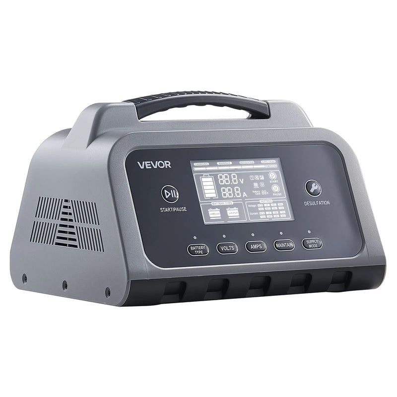 VEVOR viedais akumulatoru lādētājs 20 A, 6 V / 12 V / 24 V LiFePO4 un svina-skābes akumulatoriem (GEL / AGM), ar LCD displeju, uzturēšanas un desulfatācijas funkciju, piemērots automašīnām, laivām, motocikliem un zāles pļāvējiem