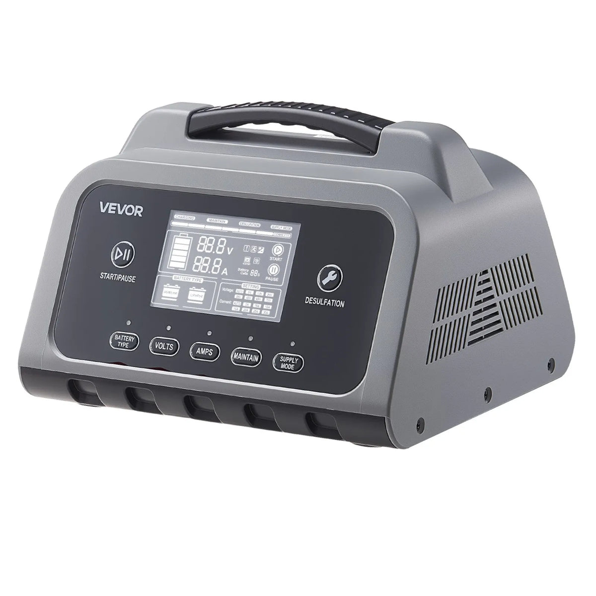 VEVOR viedais akumulatoru lādētājs 20 A, 6 V / 12 V / 24 V LiFePO4 un svina-skābes akumulatoriem (GEL / AGM), ar LCD displeju, uzturēšanas un desulfatācijas funkciju, piemērots automašīnām, laivām, motocikliem un zāles pļāvējiem