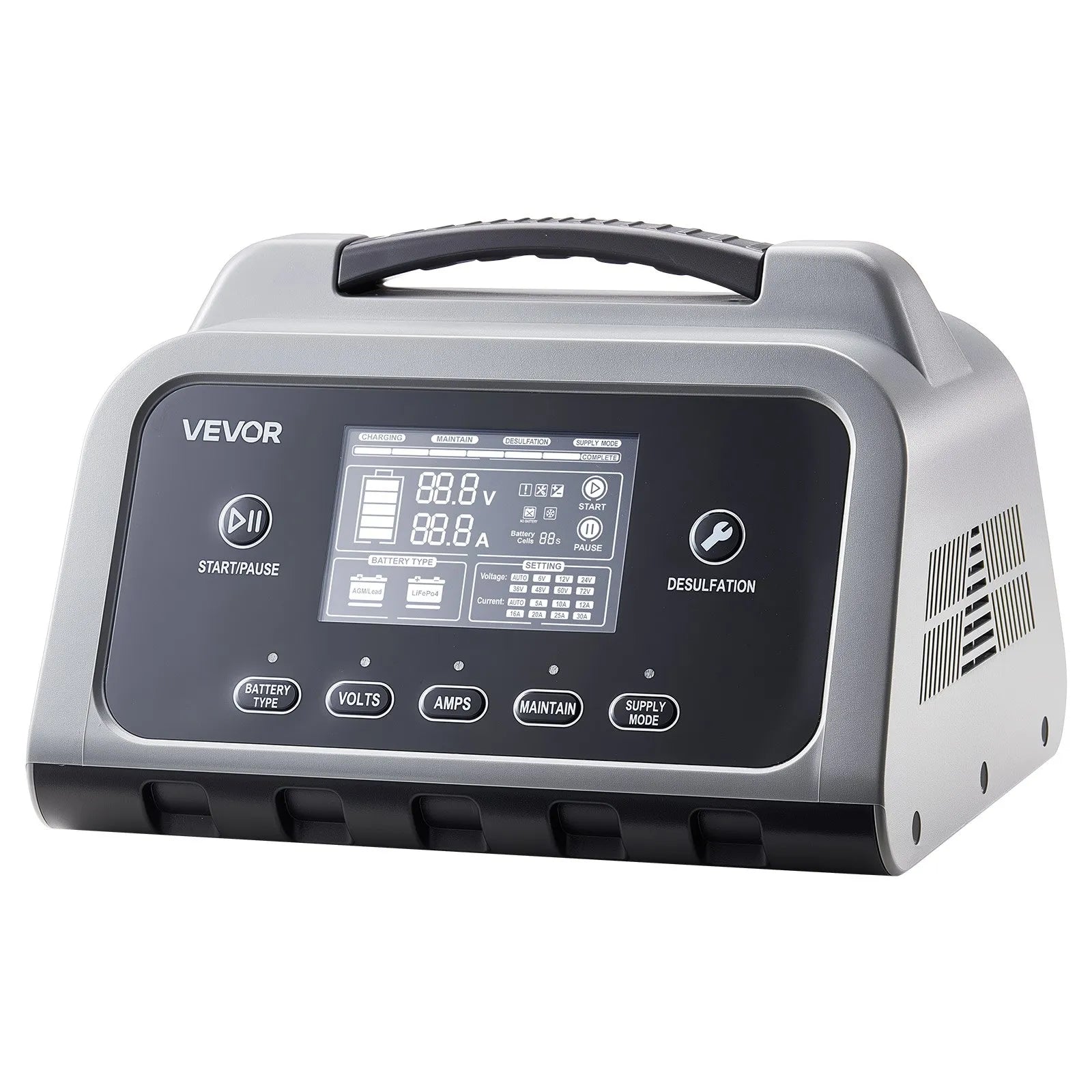 VEVOR viedais akumulatoru lādētājs 20 A, 6 V / 12 V / 24 V LiFePO4 un svina-skābes akumulatoriem (GEL / AGM), ar LCD displeju, uzturēšanas un desulfatācijas funkciju, piemērots automašīnām, laivām, motocikliem un zāles pļāvējiem