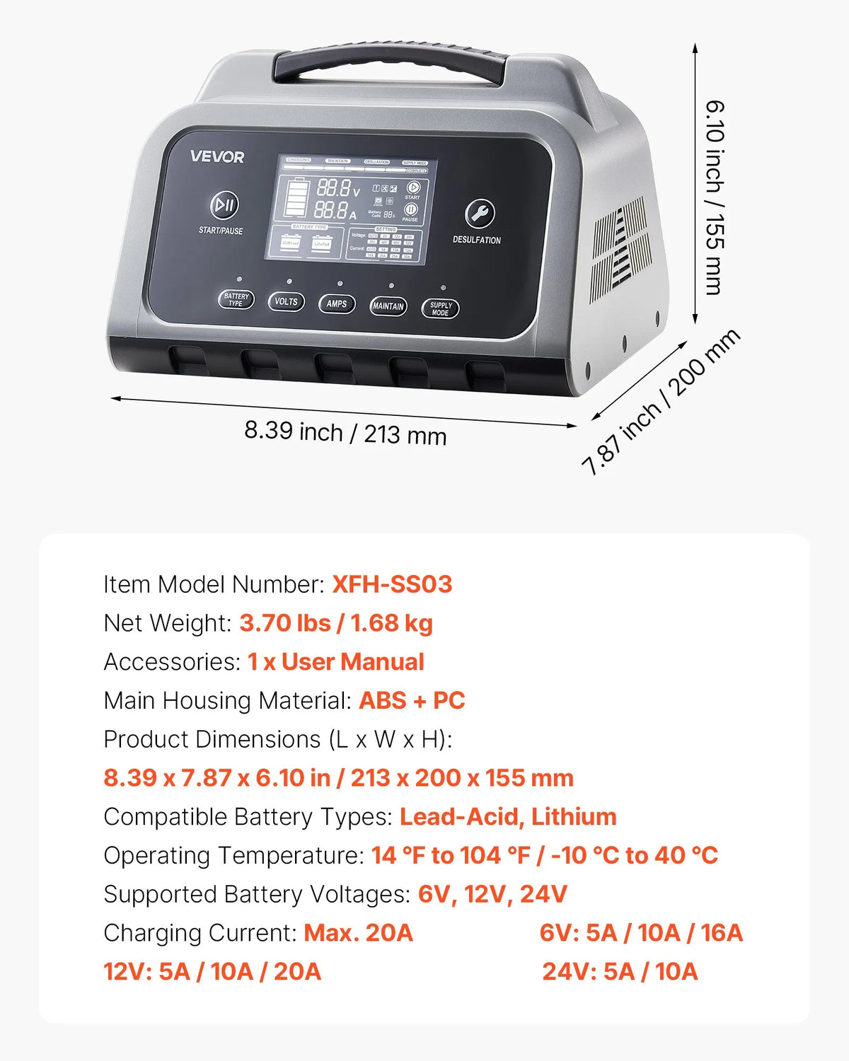 VEVOR viedais akumulatoru lādētājs 20 A, 6 V / 12 V / 24 V LiFePO4 un svina-skābes akumulatoriem (GEL / AGM), ar LCD displeju, uzturēšanas un desulfatācijas funkciju, piemērots automašīnām, laivām, motocikliem un zāles pļāvējiem