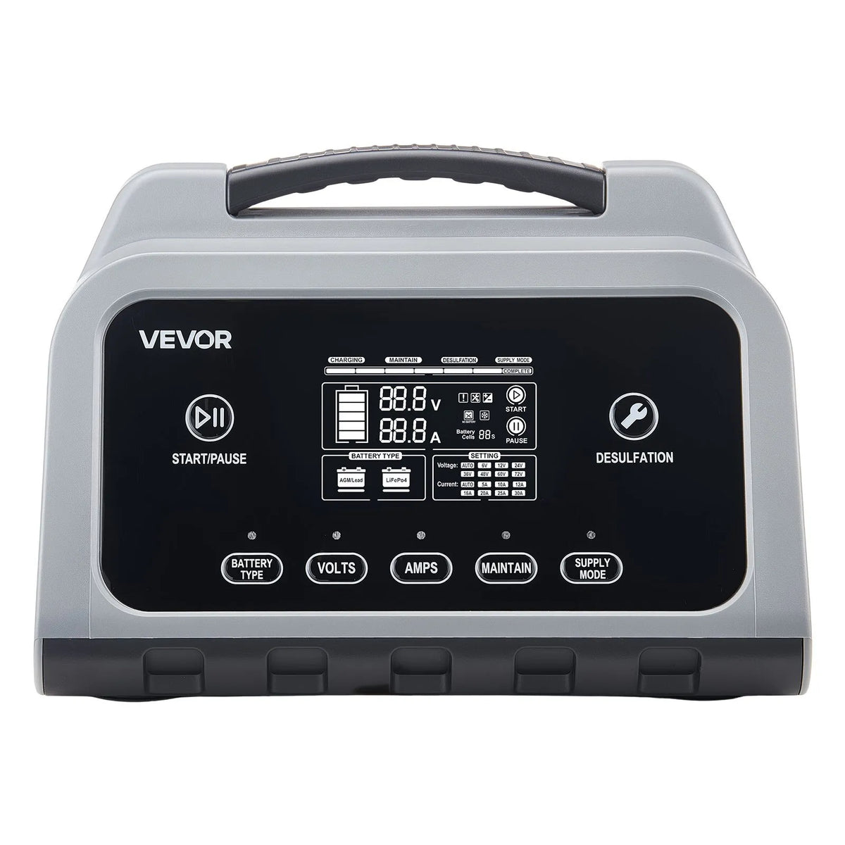 VEVOR viedais akumulatoru lādētājs 20 A, 6 V / 12 V / 24 V LiFePO4 un svina-skābes akumulatoriem (GEL / AGM), ar LCD displeju, uzturēšanas un desulfatācijas funkciju, piemērots automašīnām, laivām, motocikliem un zāles pļāvējiem