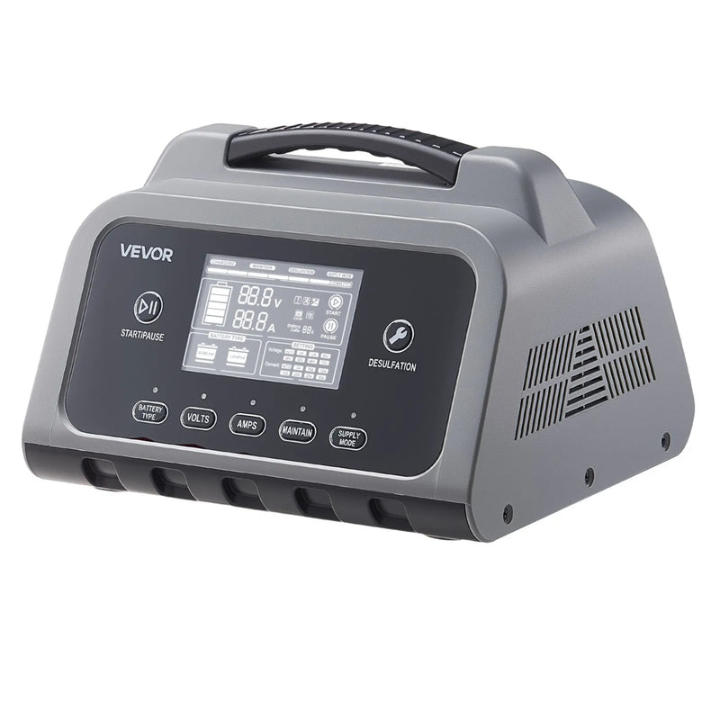 VEVOR viedais akumulatora lādētājs 25 A, 6 V / 12 V / 24 V LiFePO4 un svina-skābes (GEL/AGM) akumulatoriem, ar LCD displeju, uzturēšanas un desulfatācijas funkciju, automašīnām, laivām, motocikliem un zāles pļāvējiem