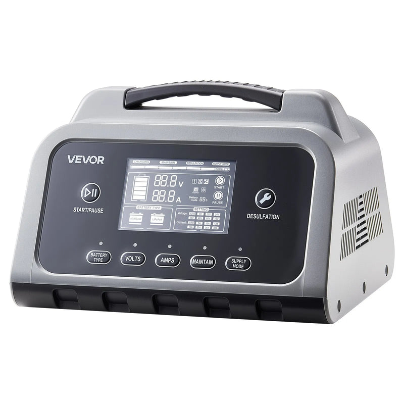 VEVOR viedais akumulatora lādētājs 25 A, 6 V / 12 V / 24 V LiFePO4 un svina-skābes (GEL/AGM) akumulatoriem, ar LCD displeju, uzturēšanas un desulfatācijas funkciju, automašīnām, laivām, motocikliem un zāles pļāvējiem