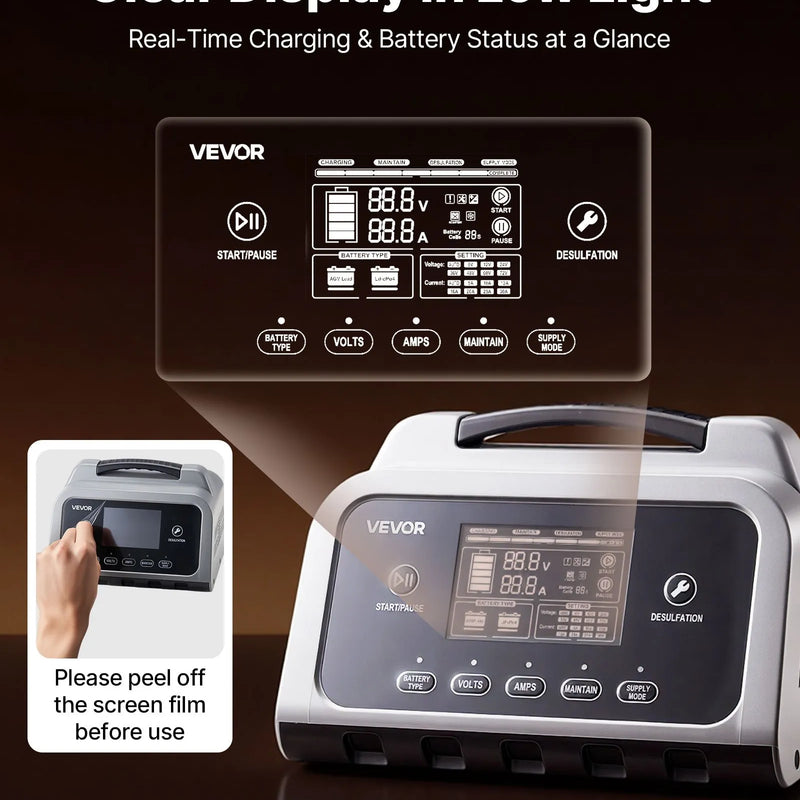VEVOR viedais akumulatora lādētājs 25 A, 6 V / 12 V / 24 V LiFePO4 un svina-skābes (GEL/AGM) akumulatoriem, ar LCD displeju, uzturēšanas un desulfatācijas funkciju, automašīnām, laivām, motocikliem un zāles pļāvējiem