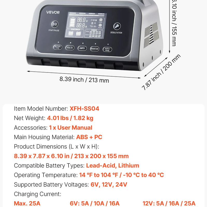 VEVOR viedais akumulatora lādētājs 25 A, 6 V / 12 V / 24 V LiFePO4 un svina-skābes (GEL/AGM) akumulatoriem, ar LCD displeju, uzturēšanas un desulfatācijas funkciju, automašīnām, laivām, motocikliem un zāles pļāvējiem