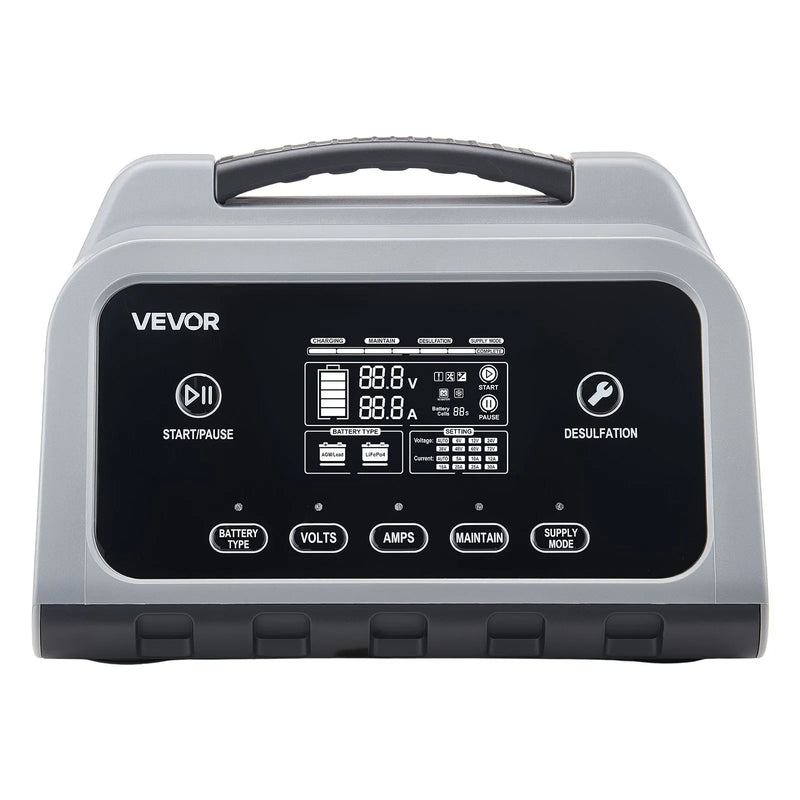 VEVOR viedais akumulatora lādētājs 25 A, 6 V / 12 V / 24 V LiFePO4 un svina-skābes (GEL/AGM) akumulatoriem, ar LCD displeju, uzturēšanas un desulfatācijas funkciju, automašīnām, laivām, motocikliem un zāles pļāvējiem