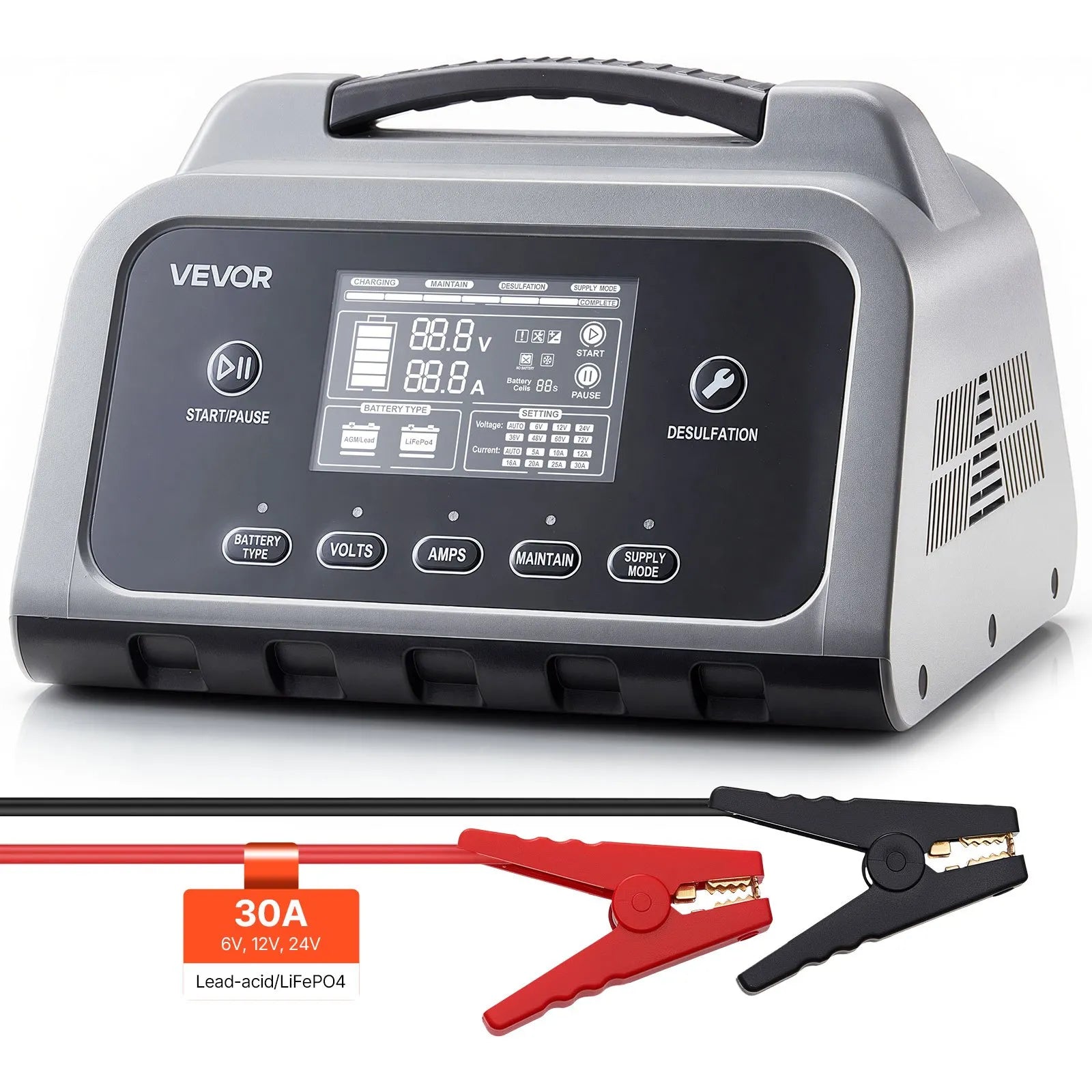 VEVOR viedais akumulatoru lādētājs 30 A, 6 V / 12 V / 24 V LiFePO4, svina-skābes (GEL/AGM) un litija akumulatoriem, ar LCD displeju, uzturošo lādēšanu un desulfatācijas funkciju, automašīnām, laivām, motocikliem un zāles pļāvējiem