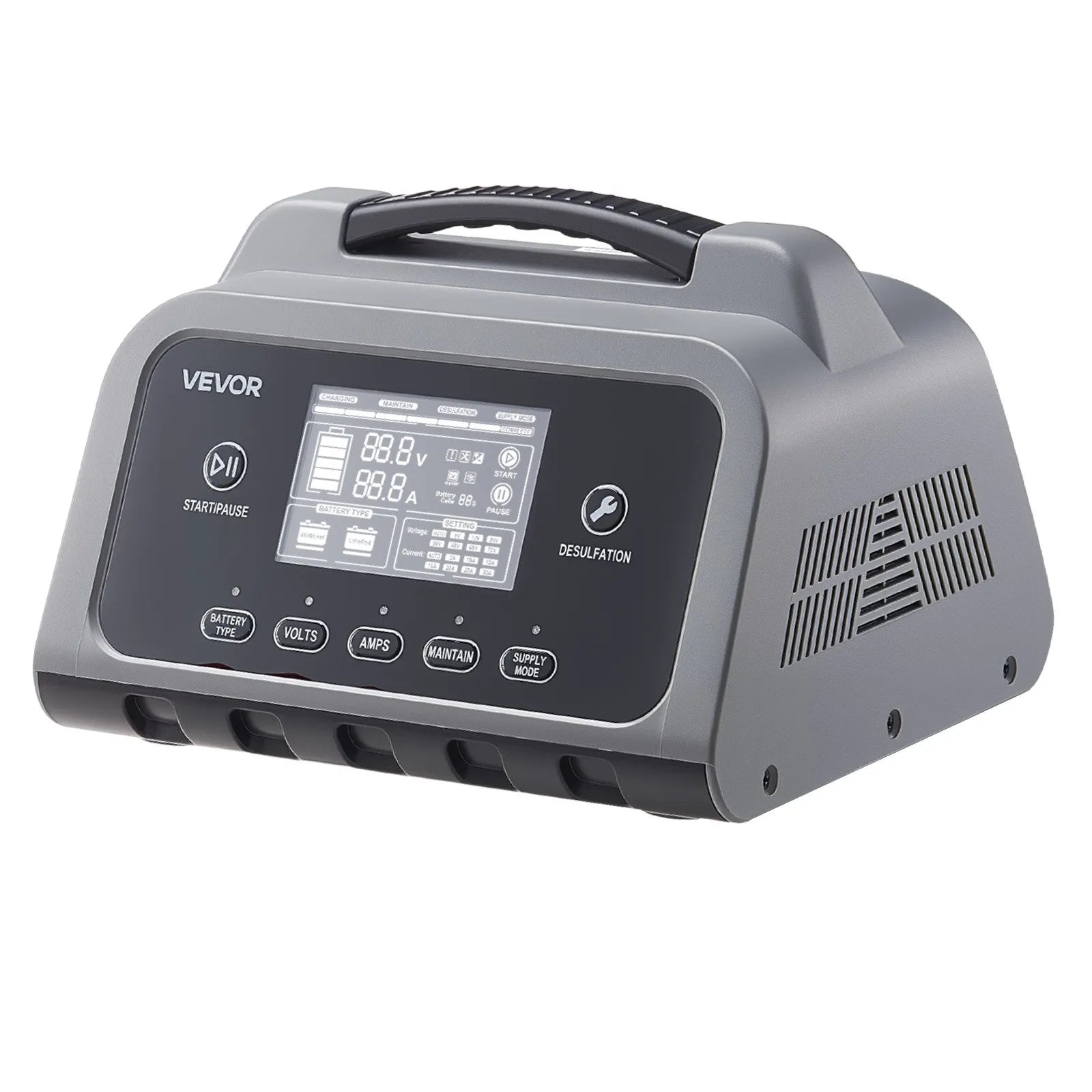 VEVOR viedais akumulatoru lādētājs 30 A, 6 V / 12 V / 24 V LiFePO4, svina-skābes (GEL/AGM) un litija akumulatoriem, ar LCD displeju, uzturošo lādēšanu un desulfatācijas funkciju, automašīnām, laivām, motocikliem un zāles pļāvējiem