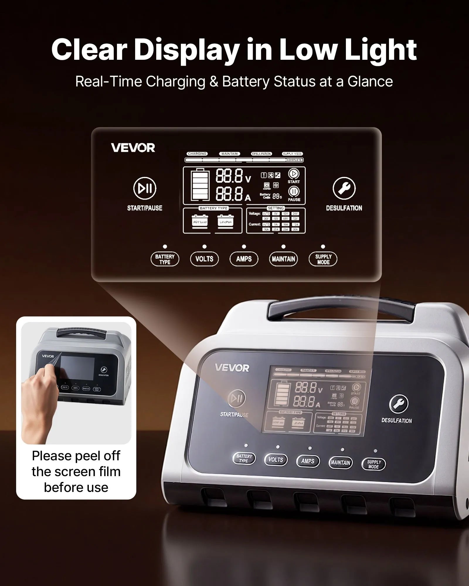 VEVOR viedais akumulatoru lādētājs 30 A, 6 V / 12 V / 24 V LiFePO4, svina-skābes (GEL/AGM) un litija akumulatoriem, ar LCD displeju, uzturošo lādēšanu un desulfatācijas funkciju, automašīnām, laivām, motocikliem un zāles pļāvējiem