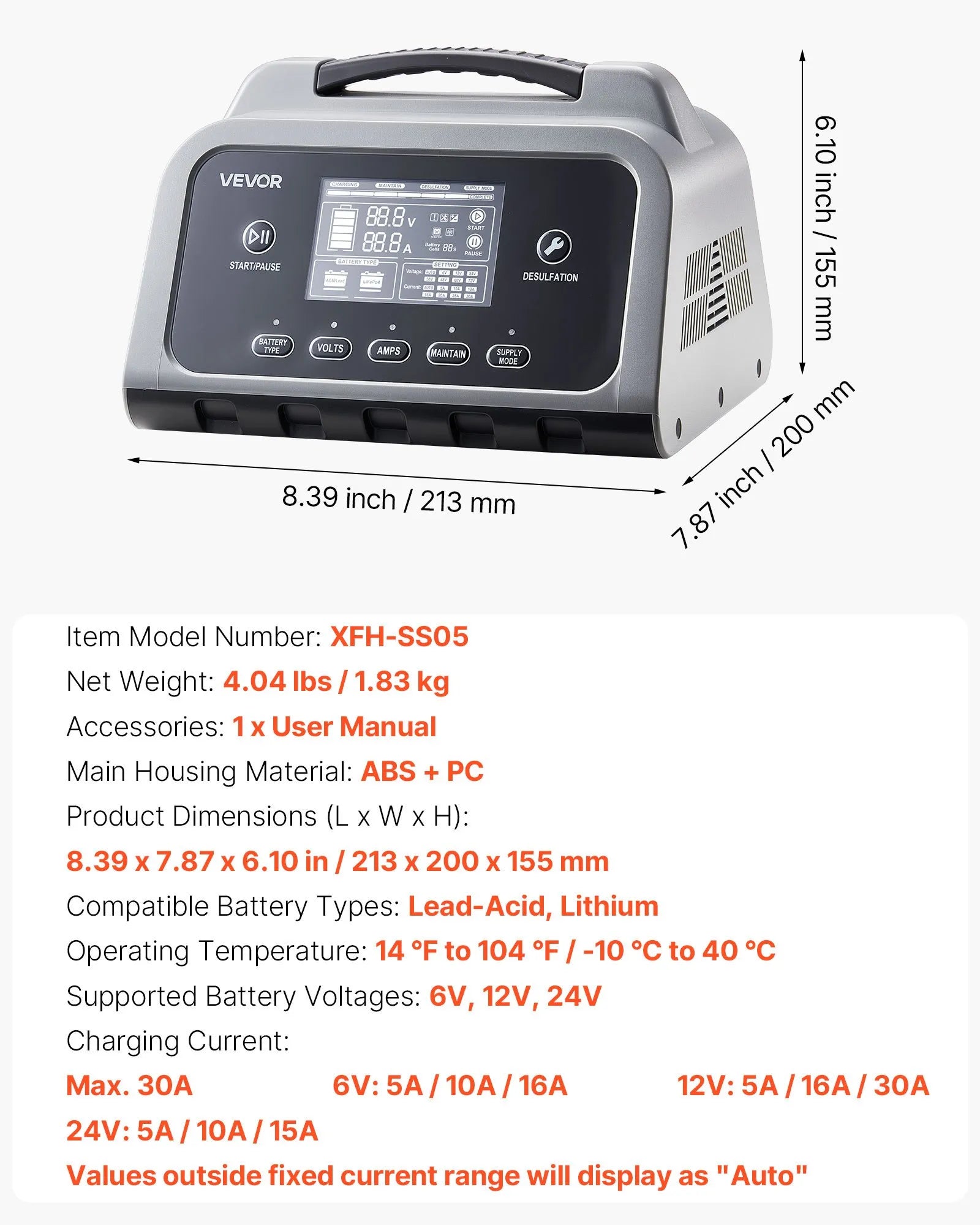 VEVOR viedais akumulatoru lādētājs 30 A, 6 V / 12 V / 24 V LiFePO4, svina-skābes (GEL/AGM) un litija akumulatoriem, ar LCD displeju, uzturošo lādēšanu un desulfatācijas funkciju, automašīnām, laivām, motocikliem un zāles pļāvējiem