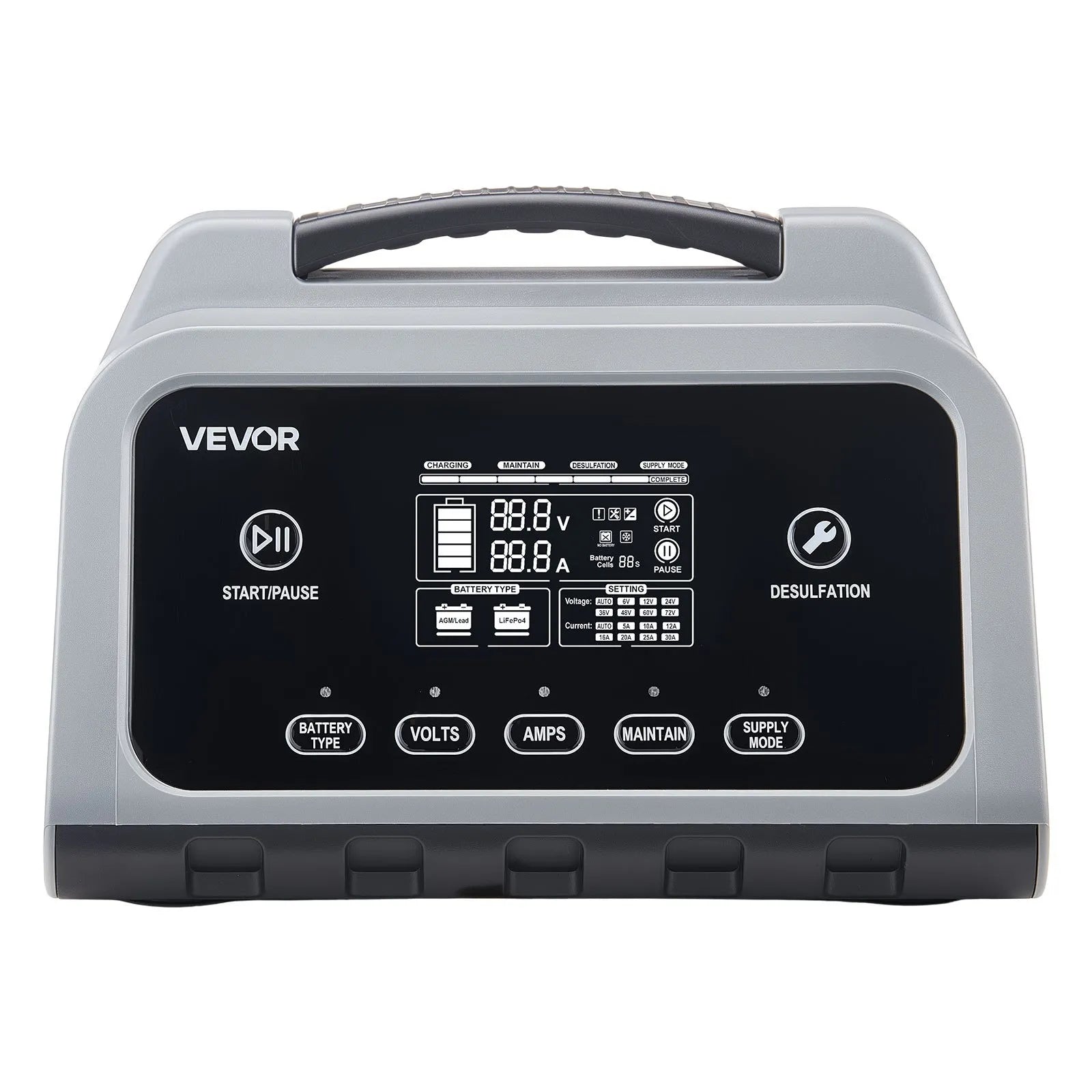 VEVOR viedais akumulatoru lādētājs 30 A, 6 V / 12 V / 24 V LiFePO4, svina-skābes (GEL/AGM) un litija akumulatoriem, ar LCD displeju, uzturošo lādēšanu un desulfatācijas funkciju, automašīnām, laivām, motocikliem un zāles pļāvējiem
