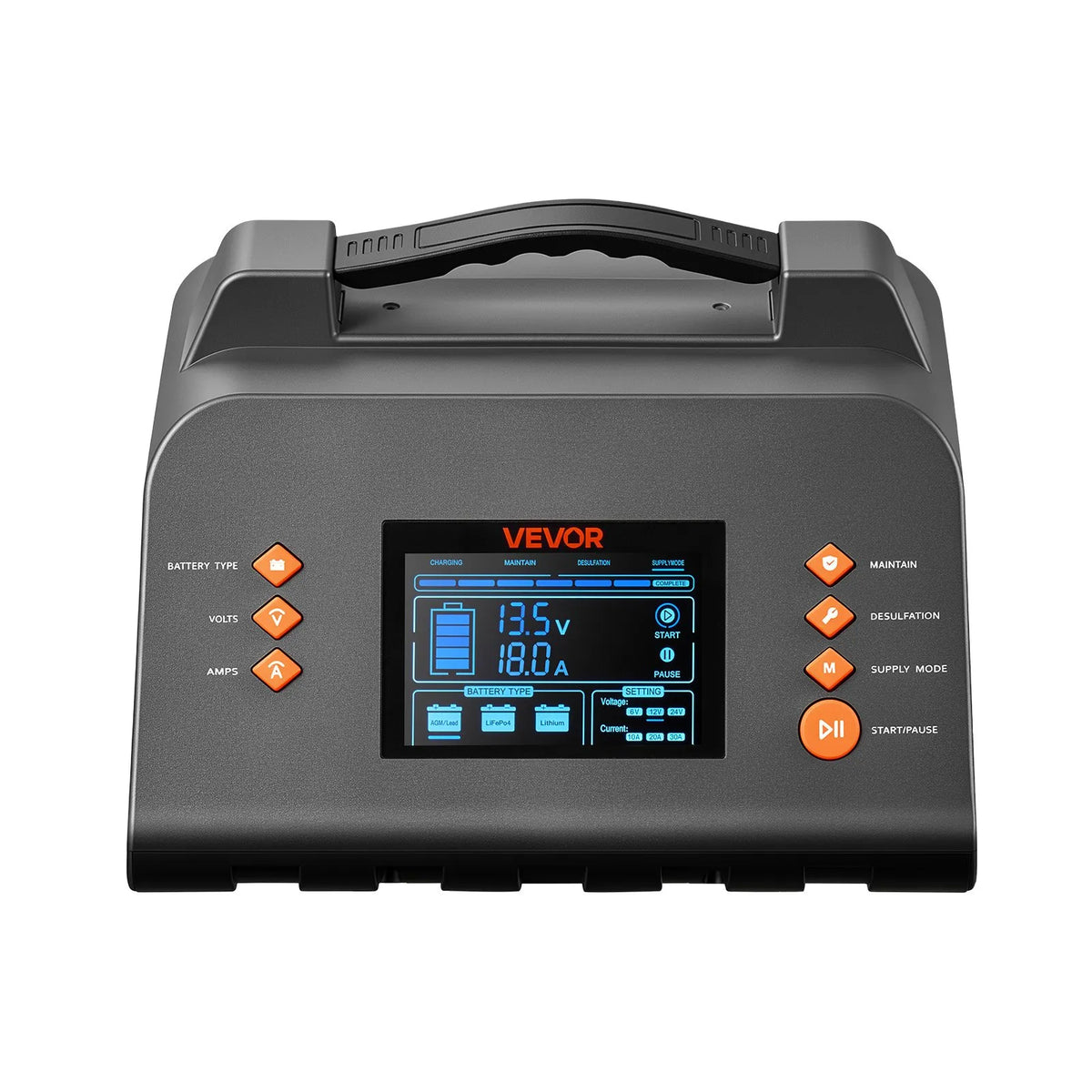 VEVOR viedais akumulatoru lādētājs, 30 A, 6/12/24 V, LiFePO4 un svina-skābes akumulatoriem, ar 96,5 mm LCD displeju