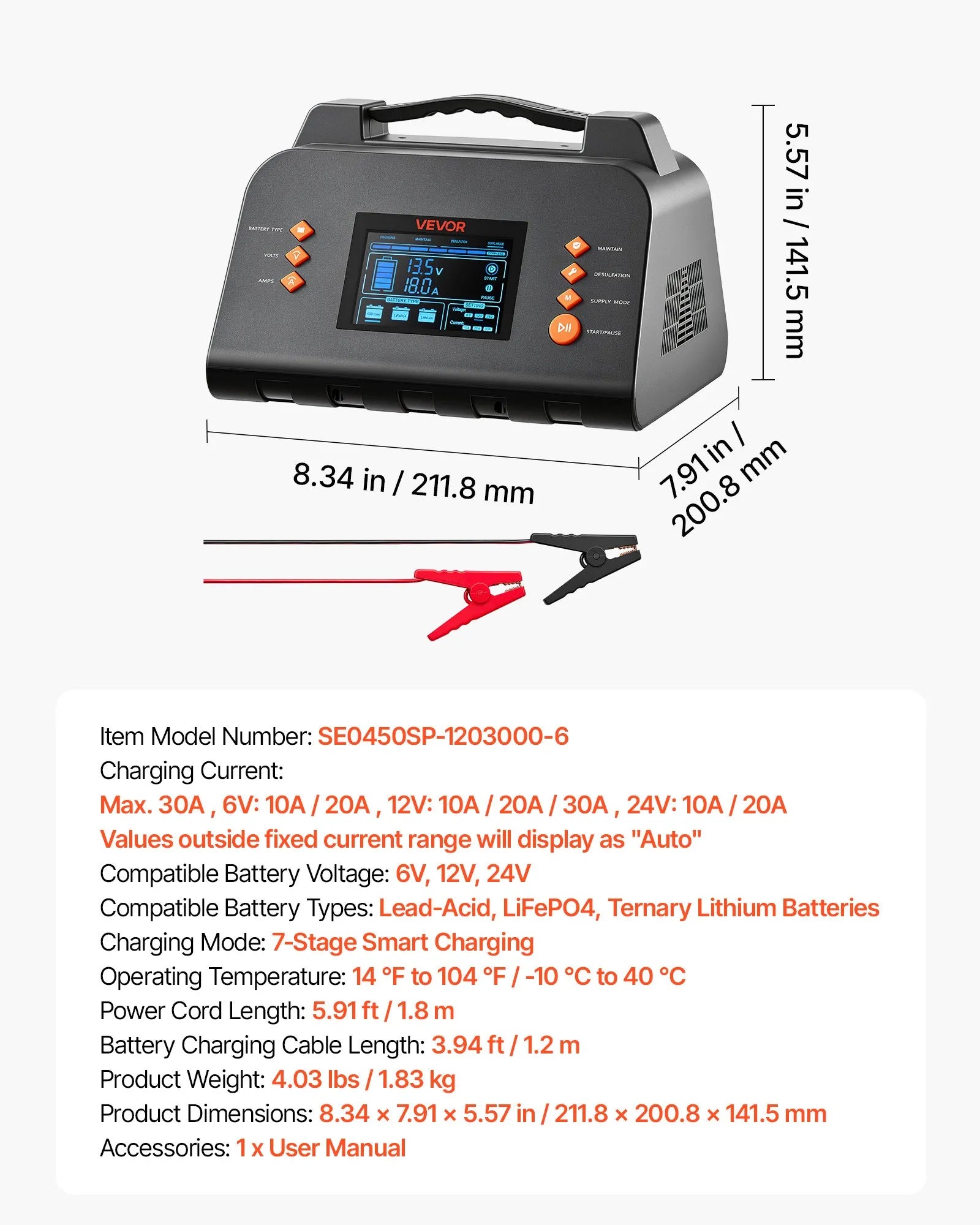 VEVOR viedais akumulatoru lādētājs, 30 A, 6/12/24 V, LiFePO4 un svina-skābes akumulatoriem, ar 96,5 mm LCD displeju