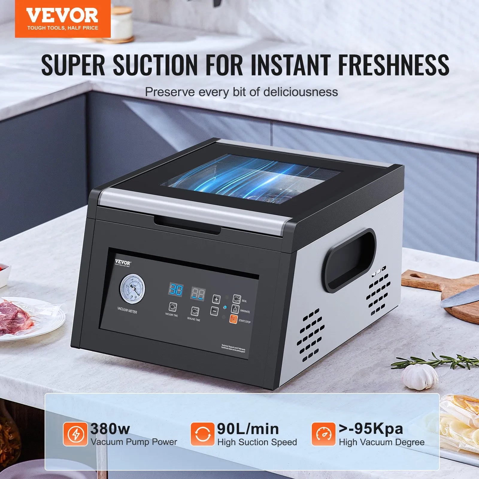 VEVOR kameru vakuuma iepakotājs, 380 W vakuuma sūkņa jauda, vakuuma iepakošanas iekārta mitriem produktiem un gaļai, kompakts dizains, 290 mm blīvēšanas garums, piemērots profesionālai un mājas lietošanai