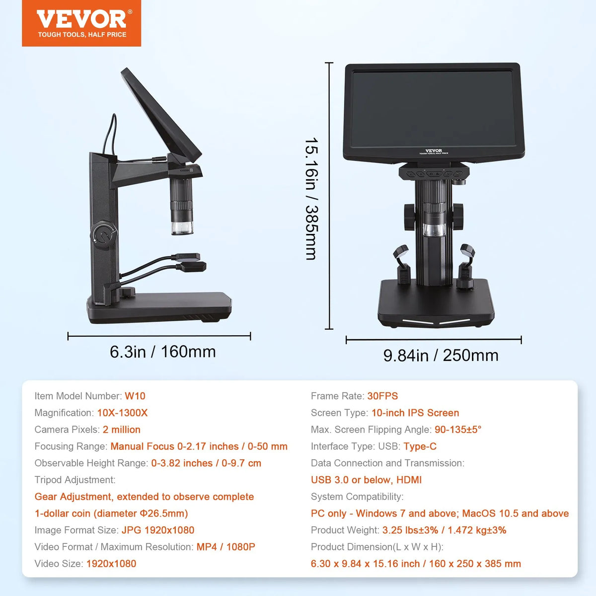 VEVOR digitālais mikroskops ar 25,7 cm IPS ekrānu un 10–1300× palielinājumu, piemērots monētu un smalko detaļu novērošanai