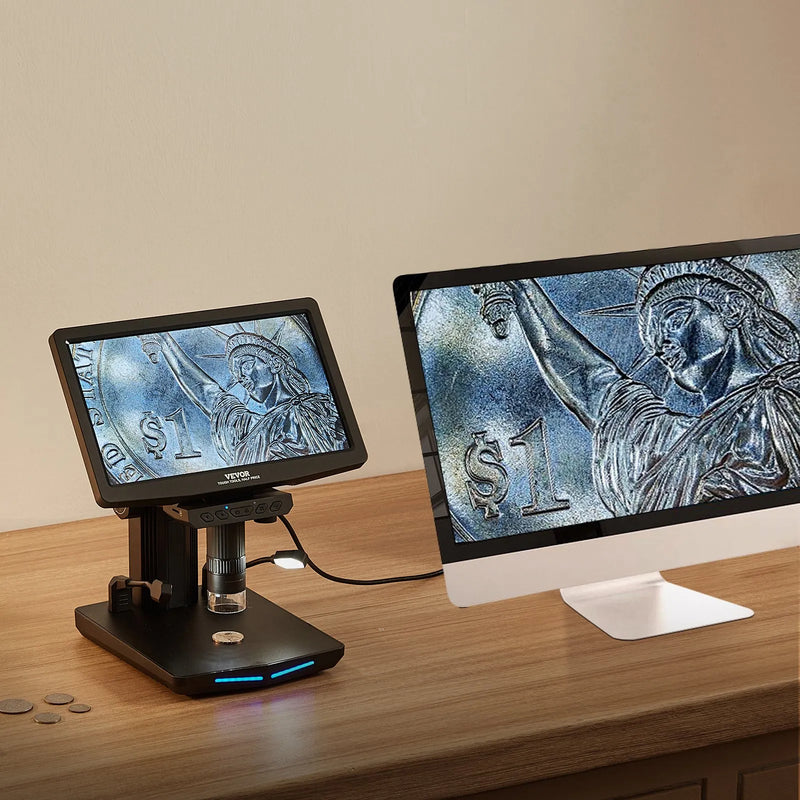 VEVOR digitālais mikroskops ar 25,7 cm IPS ekrānu un 10–1300× palielinājumu, piemērots monētu un smalko detaļu novērošanai