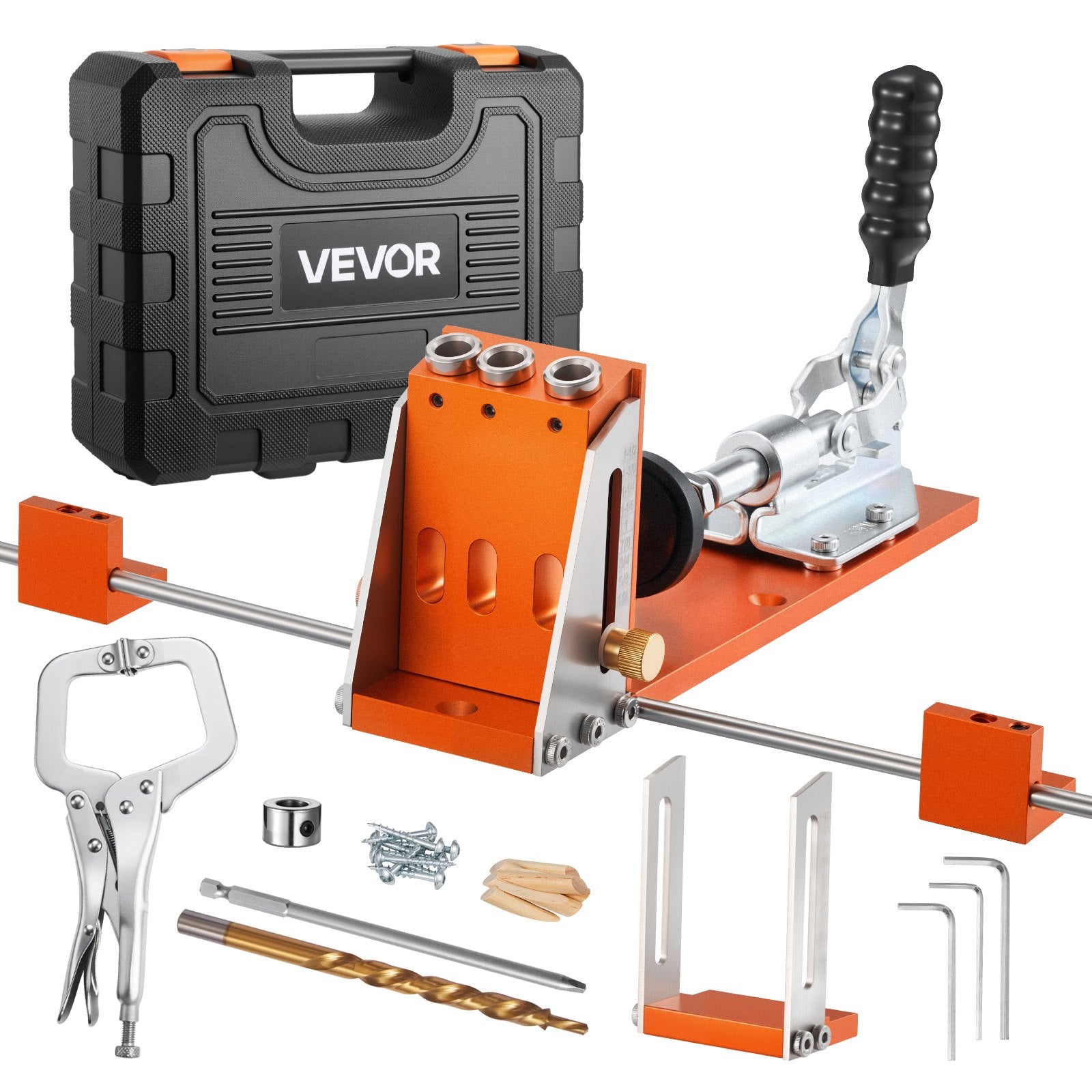 VEVOR regulējams kabatas urbumu šablonu komplekts kokapstrādei, 12,7–38,1 mm, ar koferi, C-skavu, pakāpju urbi, sešstūra atslēgu, urbšanas dziļuma gredzenu, kvadrātuzgali un pastiprinātu metāla rāmi
