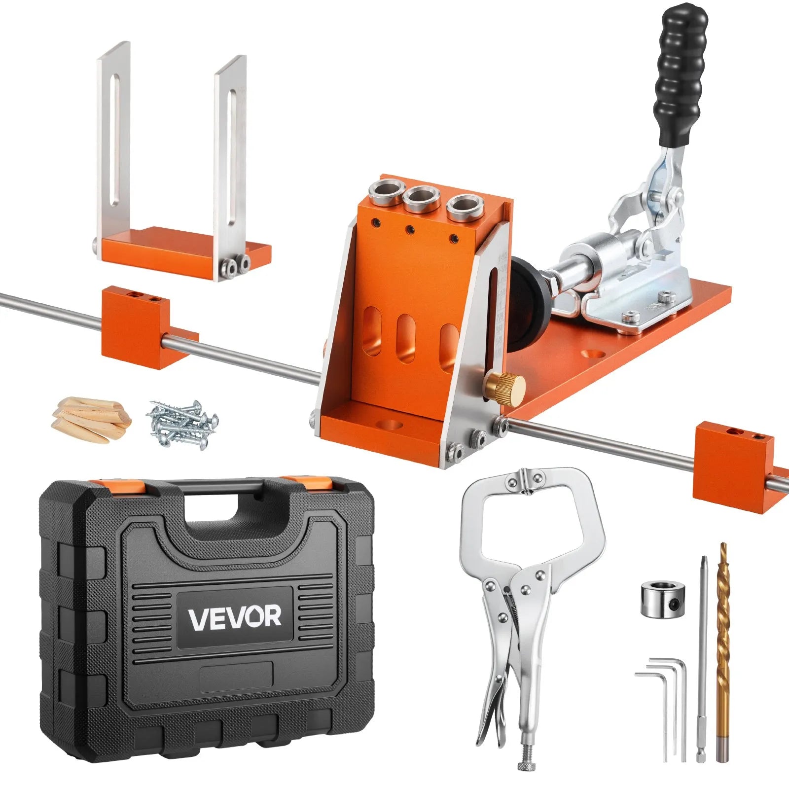 VEVOR regulējams kabatas urbumu šablonu komplekts kokapstrādei, 12,7–38,1 mm, ar koferi, C-skavu, pakāpju urbi, sešstūra atslēgu, urbšanas dziļuma gredzenu, kvadrātuzgali un pastiprinātu metāla rāmi