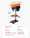 VEVOR galda urbjmašīna 254 mm, 550 W indukcijas motors, regulējams ātrums 550 / 950 / 1500 / 2000 / 2500 apgr./min, noliecams darba galds 0–45°, precīza X-Ray pozicionēšana koka un metāla urbšanai